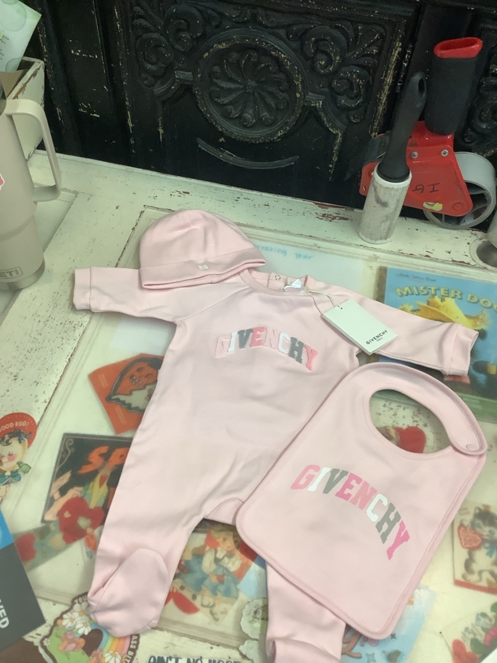 Givenchy Pink Baby Footed Sleepsuit Set with Logo Detail